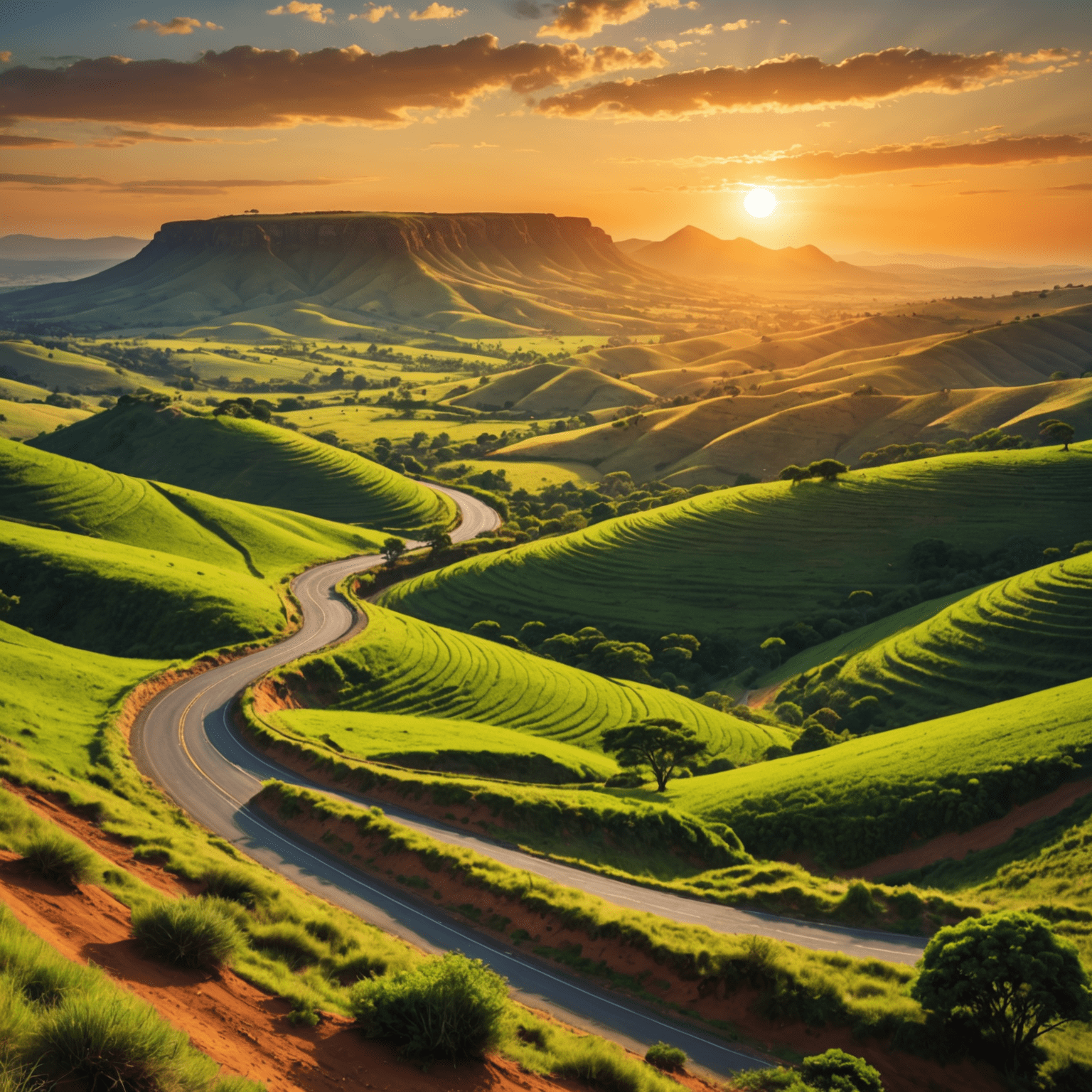 African landscape with a winding road symbolizing the credit journey, featuring lush green hills and a warm sunset