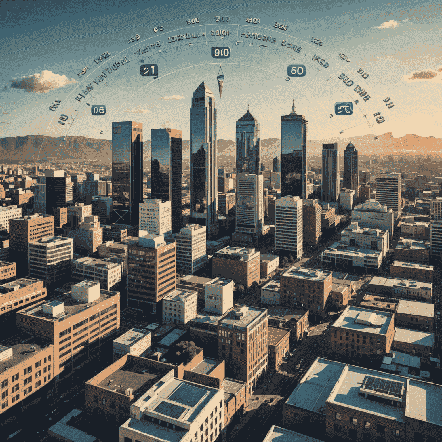 A South African cityscape with financial district buildings, overlaid with credit score numbers and financial symbols, representing the importance of credit scores in the country's economy