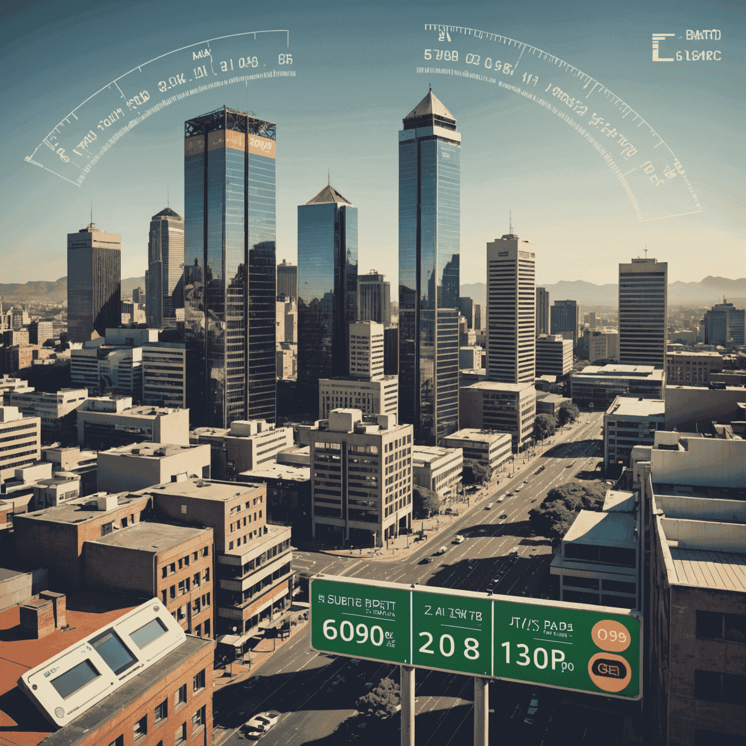 A South African cityscape with financial district buildings, overlaid with credit score meters and Rand currency symbols, representing the journey to good credit in South Africa