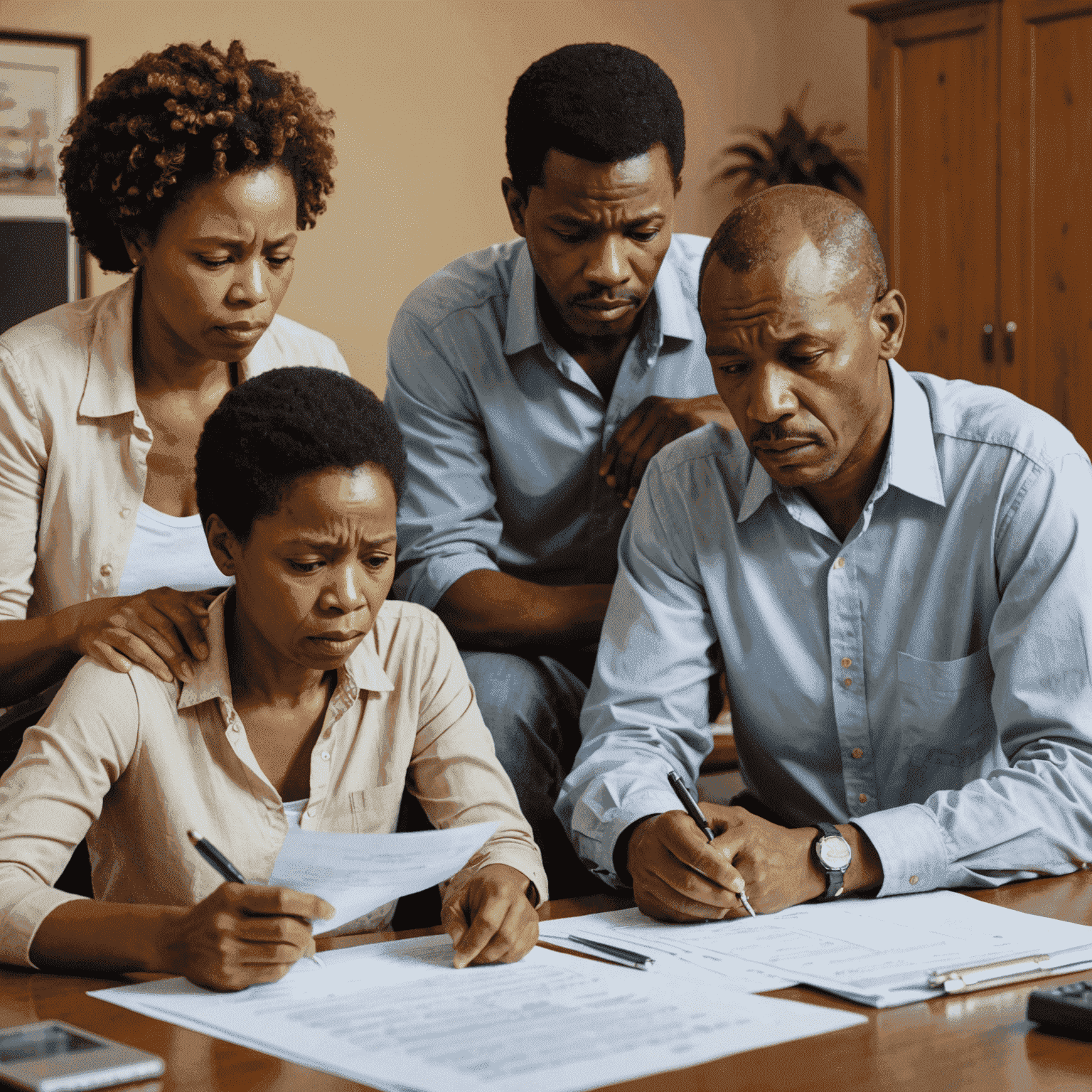 A South African family looking worried while reviewing financial documents, symbolizing the struggle with debt