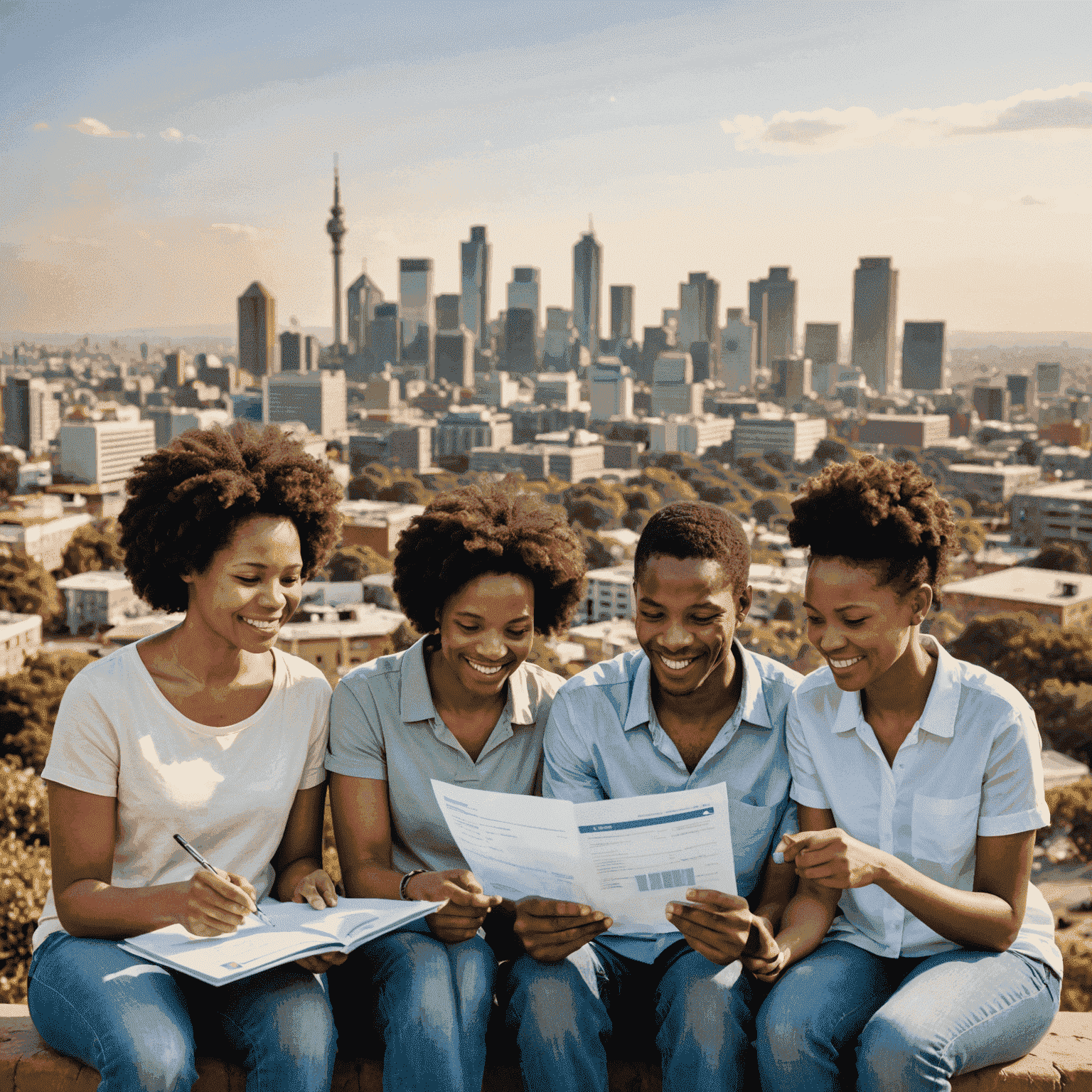 A South African family reviewing their credit report together, with a backdrop of Johannesburg skyline