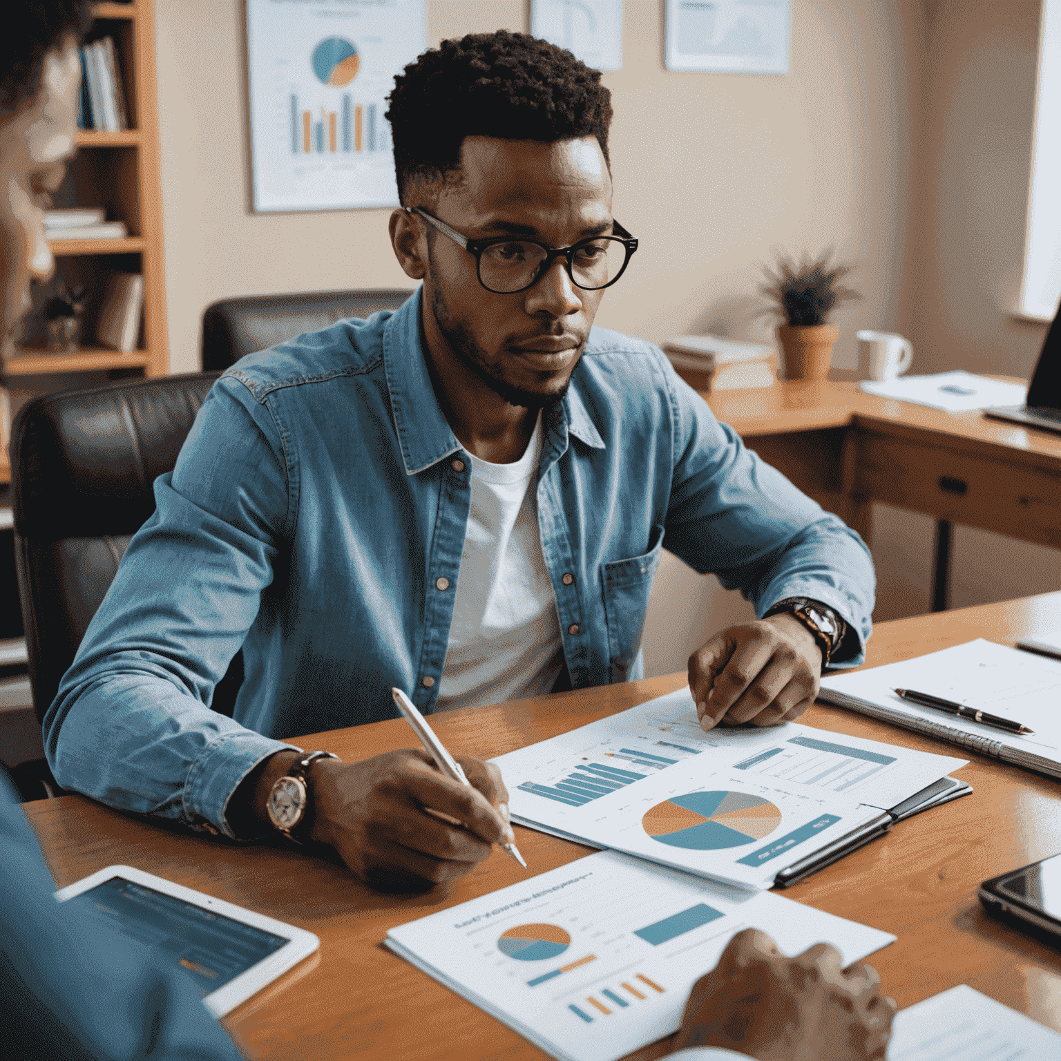 A South African person reviewing their credit report, with charts and graphs visible. The image conveys a sense of understanding and empowerment.