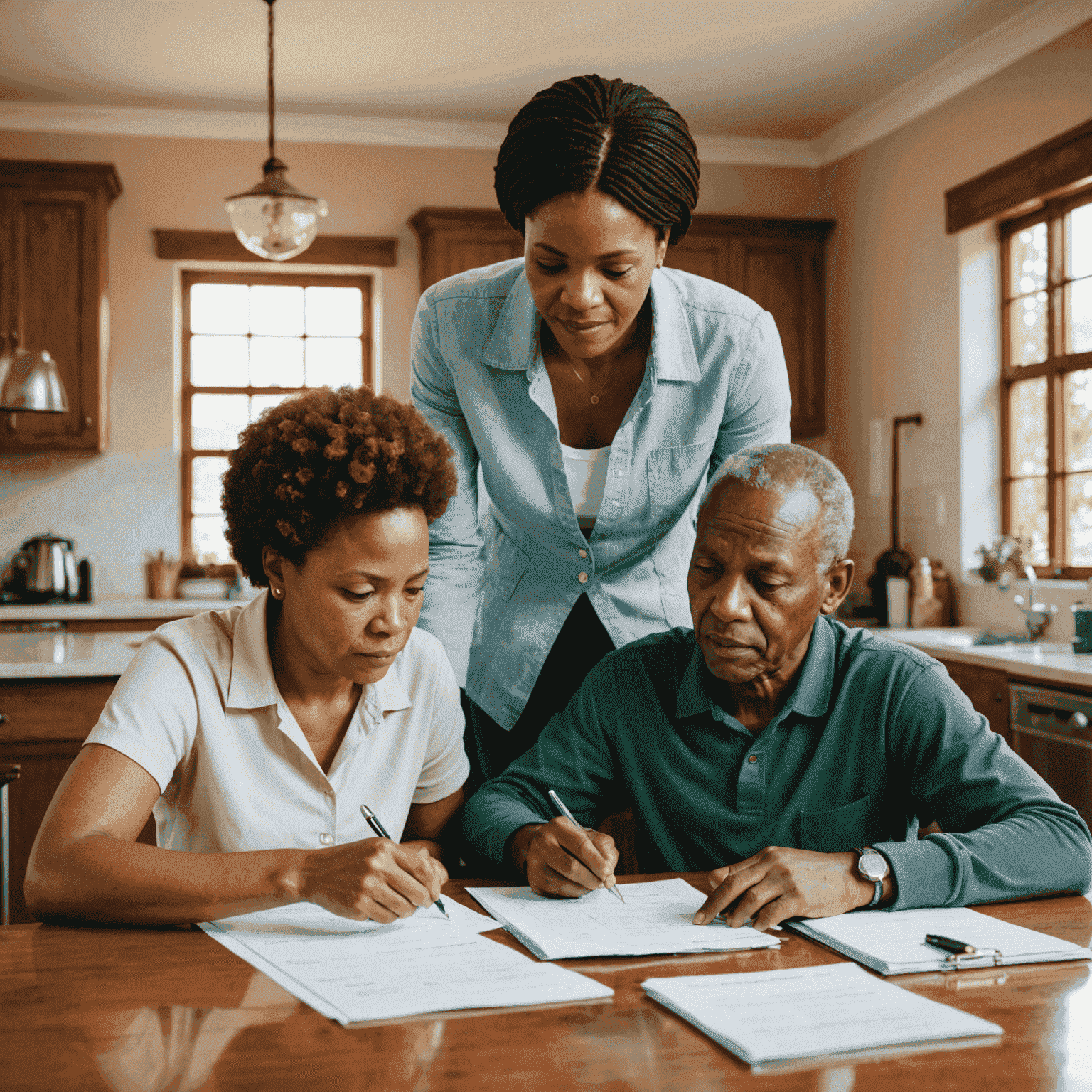 A South African family sitting at a table, reviewing their budget and financial documents together. The image conveys a sense of teamwork and determination in managing their finances.