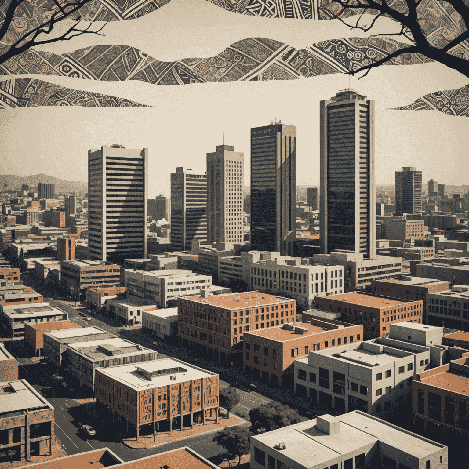 A South African cityscape with modern buildings and traditional African patterns overlaid, symbolizing the blend of traditional values and modern financial systems