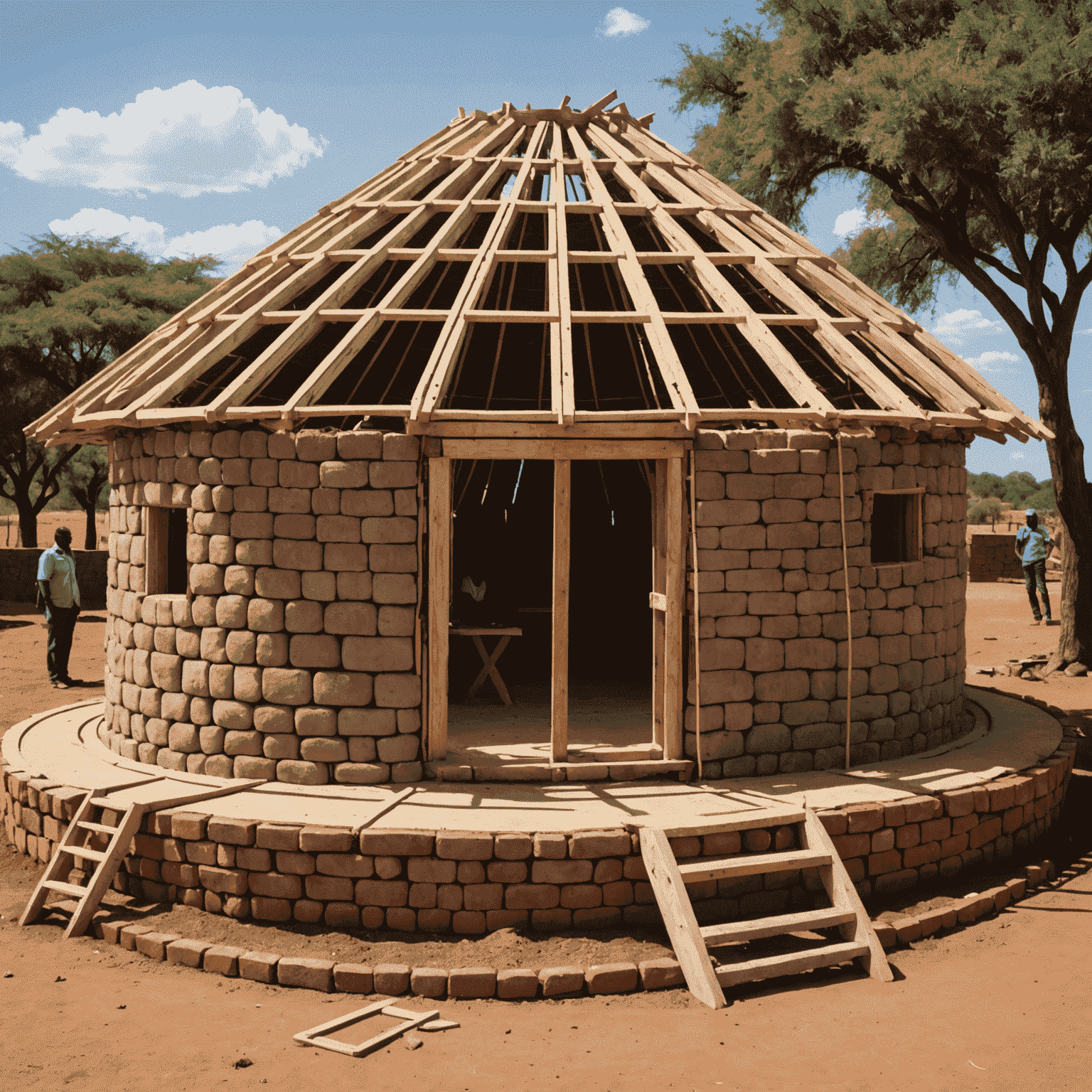 Traditional South African rondavel being built, symbolizing the process of building good credit, with people working together