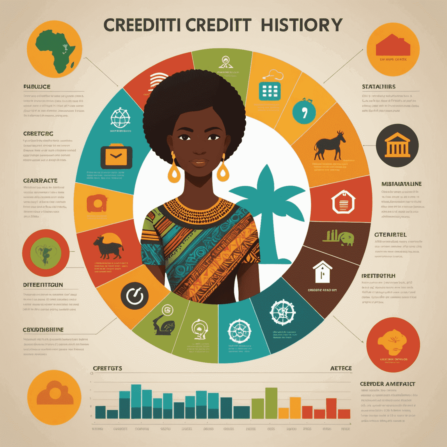 A colorful infographic showing the steps to build credit history, with African-inspired icons and patterns