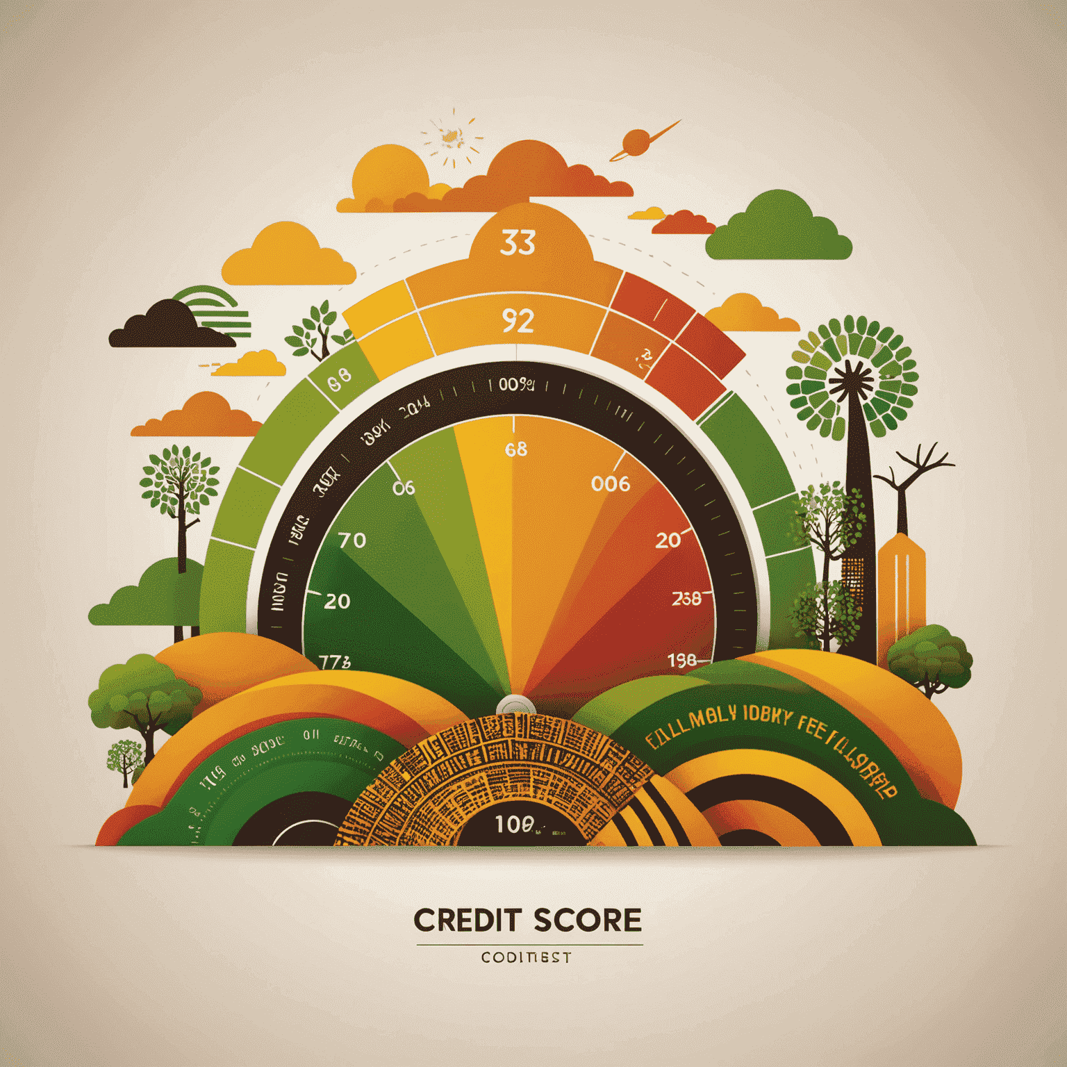 A visual representation of a rising credit score graph with African-inspired design elements, showcasing the journey from poor to excellent credit