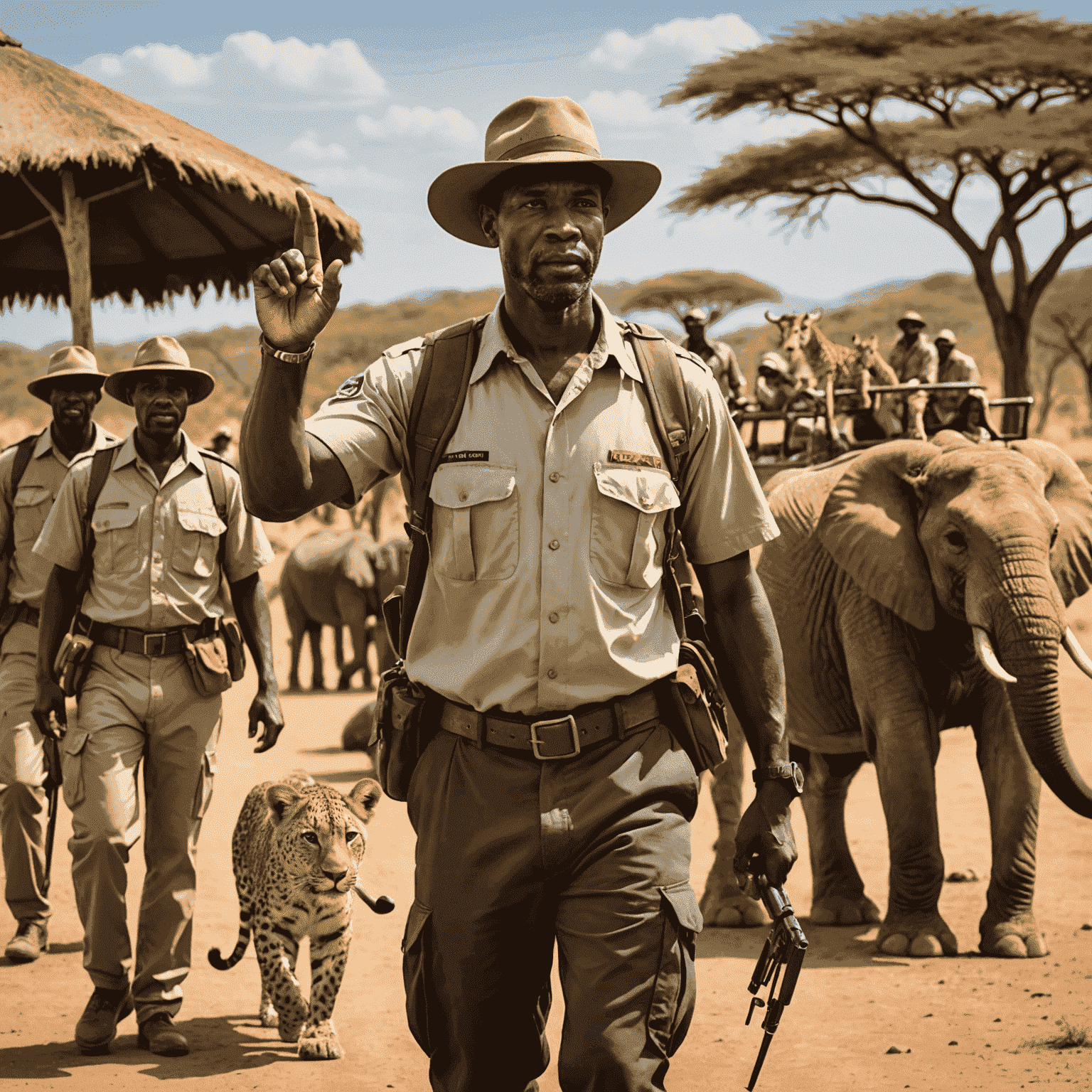 African safari guide leading a group, representing guidance through financial challenges, with animals in the background