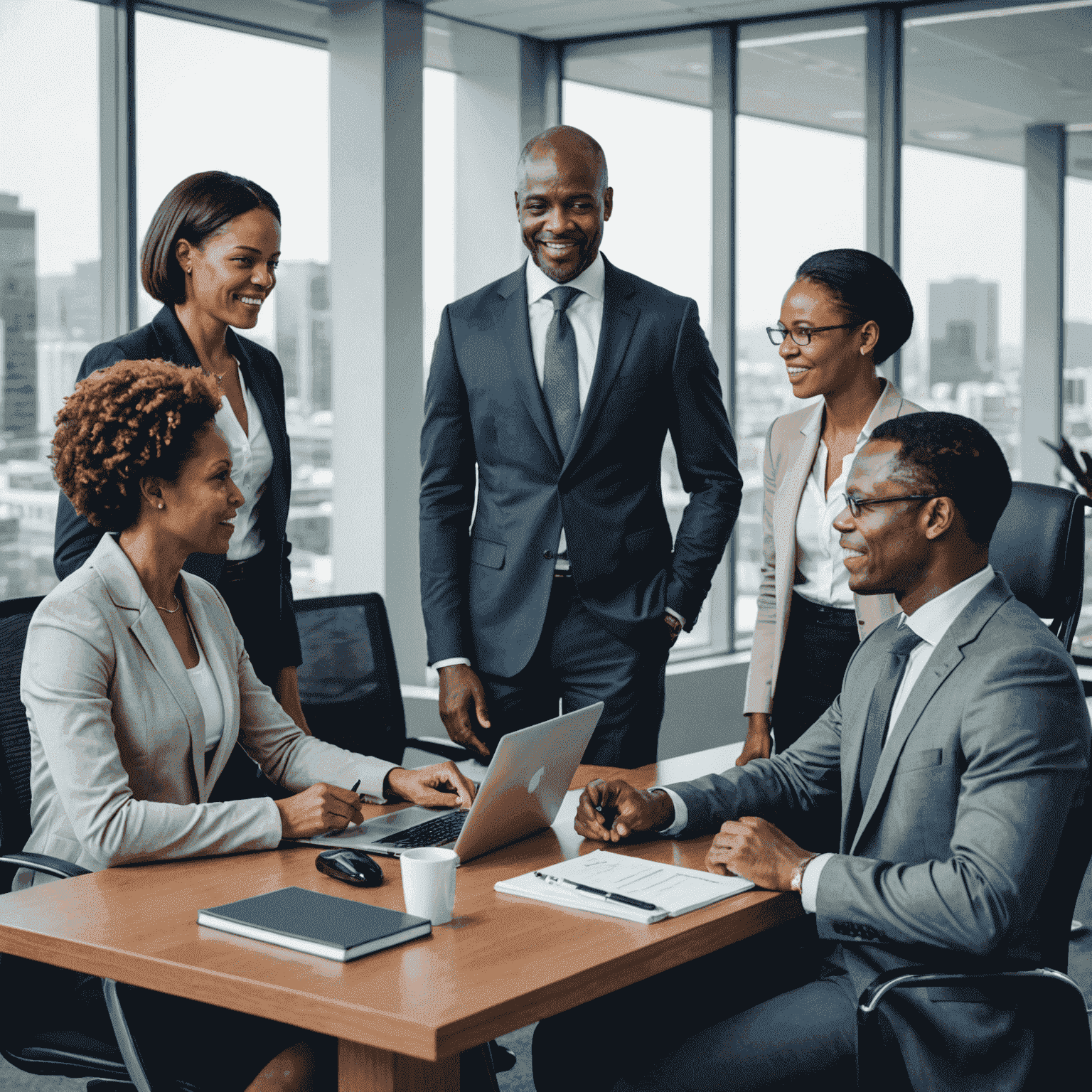 A diverse group of South African financial advisors and debt counselors in a modern office setting, providing guidance to clients. The image should convey professionalism, trust, and cultural diversity.